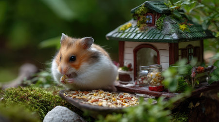A cute hamster is seen nibbling on seeds next to a beautifully crafted miniature garden house, surrounded by vibrant greenery and soft moss.の素材
