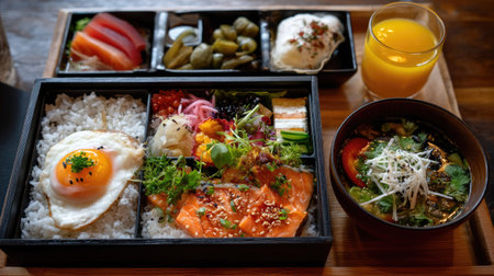 A beautifully arranged Japanese bento box featuring salmon, a fried egg, pickles, and colorful vegetables on rice, served with a warm soup and juice.の素材