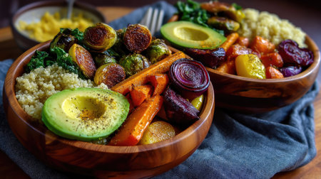 Vibrant and nutritious Buddha bowls featuring creamy avocado, roasted seasonal vegetables, and fluffy quinoa, perfect for healthy eating enthusiasts.の素材