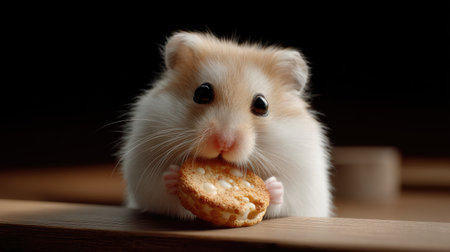 A charming close-up of a hamster joyfully nibbling on a cookie in a cozy setting. The image captures the furry creature's delightful expression and tiny paws, evoking a sense of warmth and playfulness. Ideal for themes of pets, snacks, and animal happiness.の素材