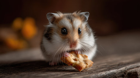 This adorable close-up features a cute little hamster nibbling on a snack, showcasing its fluffy fur and curious expression against a natural wooden background.の素材