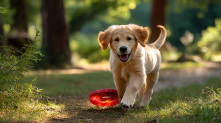 A cheerful golden retriever puppy happily runs through a sunlit forest, gripping a bright red frisbee in its mouth, embodying pure joy and playfulness.の素材