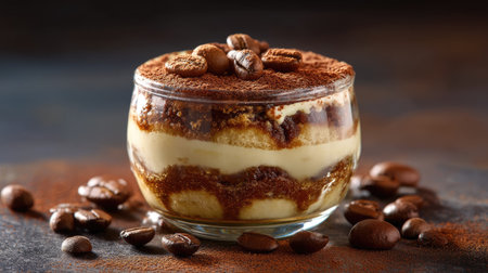 A delicious tiramisu dessert featuring creamy layers of mascarpone and cocoa, beautifully presented in a glass bowl, perfect for any occasion.の素材