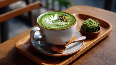 A beautifully crafted matcha latte in a rustic ceramic cup showcases intricate foam art, complemented by a matcha treat on a wooden tray, evoking tranquility.の素材