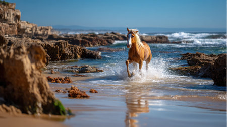 A stunning scene of a horse joyfully running along the beach, creating splashes of water against the rocky shore under a clear blue sky.の素材
