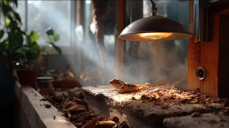 A serene close-up of a lizard basking in warm light, showcasing its vibrant colors and natural surroundings, with sunrays filtering through a bright window.の素材