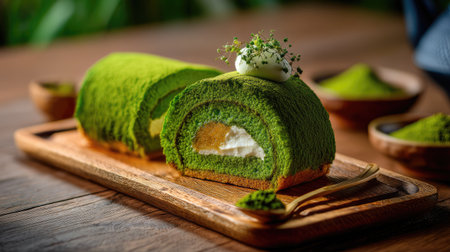 This delightful green matcha cake roll features a creamy filling and elegant presentation on a wooden plate, perfect for dessert lovers and special occasions.の素材