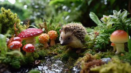 A delightful hedgehog wanders through a vibrant forest scene adorned with colorful mushrooms, showcasing the beauty of nature in a lush, tranquil environment.の素材