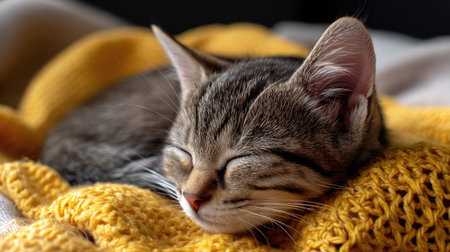 This charming image captures a tabby cat peacefully napping on a soft yellow knit blanket, showcasing the beauty of domestic life and cozy moments.の素材
