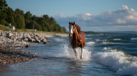 A stunning image of a horse galloping along a beautiful beach, creating splashes in the water, surrounded by lush greenery and a clear blue sky.の素材
