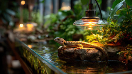 A colorful lizard rests on a rock under warm light, surrounded by lush greenery and gentle water reflections, creating a tranquil natural habitat.の素材