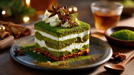 A beautifully presented matcha dessert featuring layers of creamy goodness and a hint of star anise, perfect for tea time or special occasions.の素材