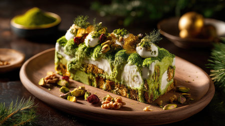 A delicious matcha cake layered with cream and topped with nuts, beautifully presented on a wooden plate in a festive, cozy atmosphere. Perfect for any celebration.の素材