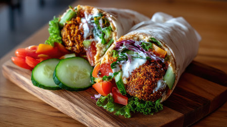 A vibrant falafel wrap featuring crispy falafel, fresh vegetables, and creamy sauce, beautifully displayed on a wooden board, perfect for healthy eating.の素材