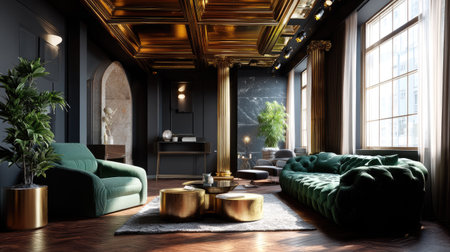 This elegant living room features a green velvet sofa, golden accents, and stunning architectural details. A perfect blend of modern comfort and luxury design, showcasing rich textures and natural light for an inviting ambiance.の素材
