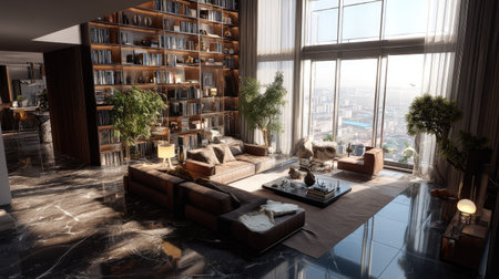 A stunning modern luxury living room featuring large windows, stylish furniture, and a breathtaking city view, offering a cozy and elegant atmosphere.の素材