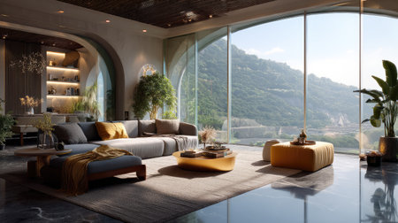 A stunning contemporary living room filled with natural light, featuring modern decor, comfortable seating, and magnificent panoramic views of lush hills.の素材