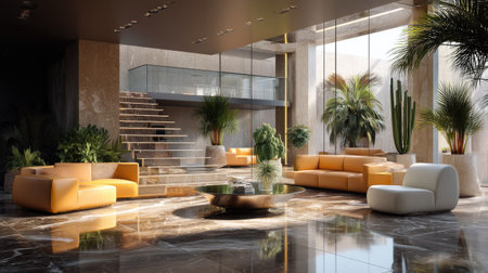 A stunning modern lobby interior featuring stylish furniture, lush green plants, and marble flooring, creating an inviting and elegant atmosphere.の素材