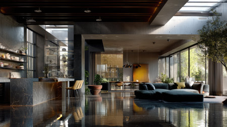 This stunning image features a modern luxury home interior with an open layout, abundant natural light, and sleek furnishings, exuding elegance and comfort.の素材