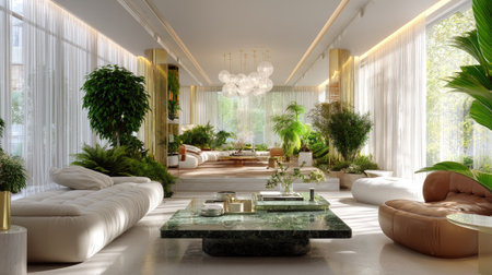 This image showcases a modern luxurious living room filled with greenery and elegant furniture, basking in bright natural light, creating a serene atmosphere.の素材