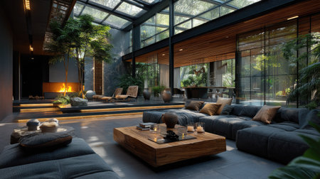 A serene modern zen living room featuring abundant natural light, indoor plants, and stylish furniture. The open space promotes tranquility and comfort.の素材