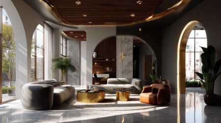 A beautifully designed modern living room featuring elegant furniture, stylish decor, and ample natural light, exuding an inviting and luxurious atmosphere.の素材