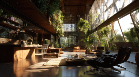 This modern living space showcases a harmonious blend of contemporary design and abundant greenery. Natural light floods the area through large windows, creating a warm and inviting atmosphere, perfect for relaxation and social gatherings.の素材