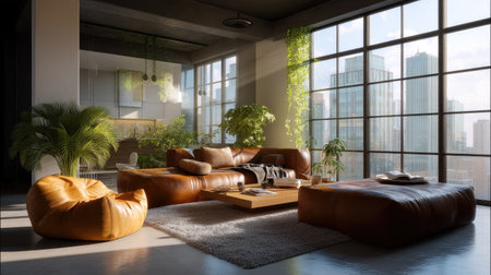 A spacious living room featuring stylish leather furniture, abundant natural light from large windows, and indoor plants, creating a cozy urban oasis.の素材