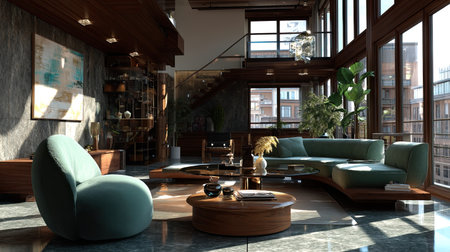 This image showcases a luxurious living room featuring modern interior design with ample natural light. The stylish furniture and elegant decor create an inviting atmosphere, perfect for relaxation and social gatherings.の素材