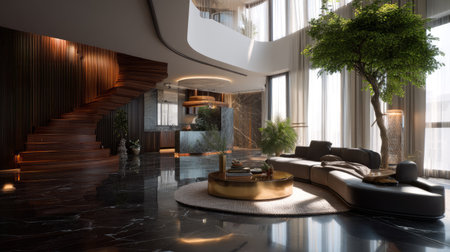 This image captures a modern luxury living room, showcasing an inviting atmosphere with elegant furniture, natural light, and stylish decor elements.の素材