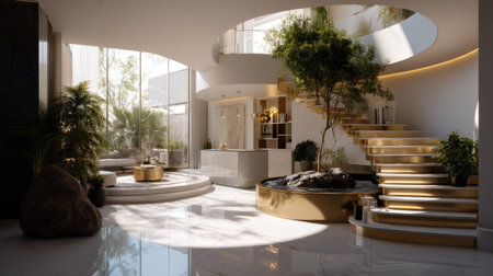 This image features a modern, elegant interior space showcasing a beautiful spiral staircase, abundant greenery, and bright natural light creating a serene atmosphere.の素材