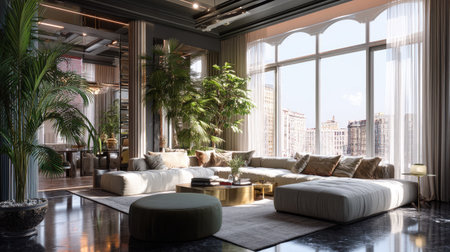 This modern living room features large windows that flood the space with natural light, decorated with stylish furniture, plants, and elegant accents for a cozy urban atmosphere.の素材