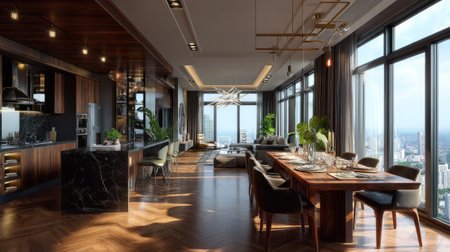 This stunning interior showcases a luxurious living room and dining area, filled with natural light, modern furniture, and a breathtaking cityscape view.の素材