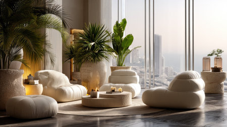 This elegant living room showcases modern furniture and lush tropical plants, flooded with natural light. The spacious design offers a perfect urban retreat.の素材