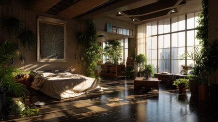This tranquil modern bedroom features abundant natural light from large windows, complemented by lush indoor plants, creating a serene and inviting atmosphere.の素材