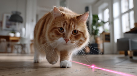 A lively orange cat is seen intently chasing a vibrant laser light on a wooden floor. The setting features contemporary decor, creating a charming indoor ambiance.の素材
