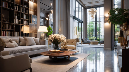 Experience the serene beauty of an elegant modern living room, featuring large windows, plush seating, and an abundance of indoor plants.の素材