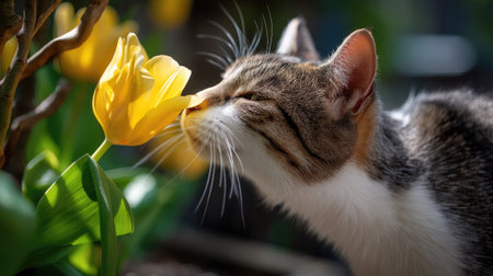 A charming scene captures a cat gently sniffing a bright yellow flower, showcasing the beauty of nature and the playful spirit of pets in a lush outdoor environment.の素材