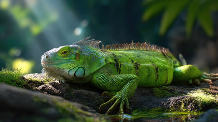 A stunning close-up of a green iguana basking in warm sunlight within a vibrant tropical setting, showcasing the beauty of wildlife in its natural habitat.の素材