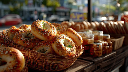 A charming scene featuring freshly baked bagels topped with sesame seeds arranged in a rustic basket at an outdoor market. The sunlight highlights the texture and warmth, creating an enticing atmosphere ideal for food lovers and culinary enthusiasts.の素材