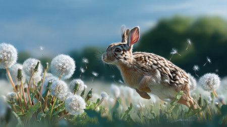 A charming rabbit joyfully hops through a lush field dotted with dandelions. The serene backdrop of soft blue sky creates a tranquil spring atmosphere.の素材