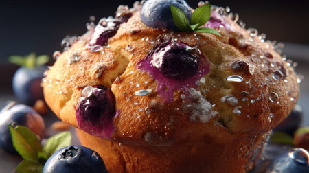 A beautifully baked blueberry muffin with a glistening surface adorned with fresh berries and mint leaves, ideal for food lovers and culinary artists.の素材