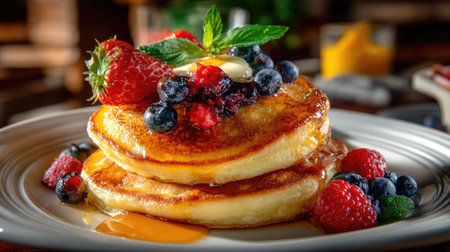 Indulge in a plate of delicious fluffy pancakes stacked high, adorned with fresh berries and a drizzle of syrup. Perfect for breakfast or brunch.の素材