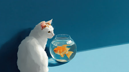 A curious white cat sits peacefully beside a glass bowl containing a vibrant goldfish, creating a serene and captivating scene against a bright blue background.の素材