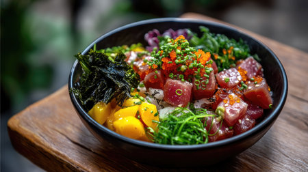This vibrant poke bowl features fresh tuna, ripe mango, and seaweed garnished with herbs, showcasing a perfect blend of flavors and health.の素材