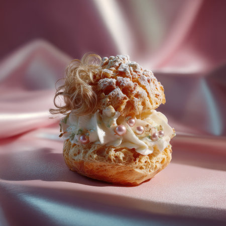 A whimsical dessert featuring a fluffy pastry filled with cream and delicate decorative toppings, elegantly presented on soft fabric, creating a charming visual.の素材