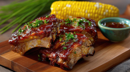 Savor the mouthwatering view of barbecue ribs glazed with rich sauce, served alongside fresh corn on a wooden platter, perfect for summer feasts.の素材