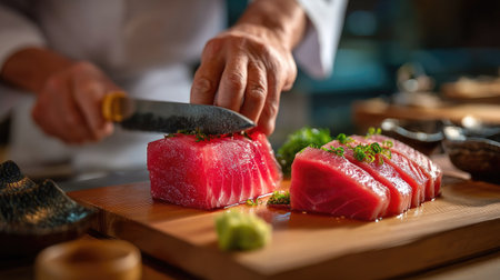 A skilled chef expertly slices fresh tuna in a fine dining restaurant, preparing for sushi with vibrant colors and textures, showcasing culinary artistry.の素材
