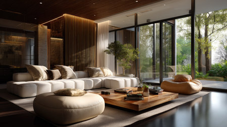 A beautifully designed modern living room featuring spacious seating, large windows inviting natural light, and a serene view of greenery, ideal for relaxation.の素材