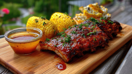 Indulge in a mouthwatering display of tender barbecue ribs accompanied by sweet corn and tangy sauce, all presented on a rustic wooden platter.の素材